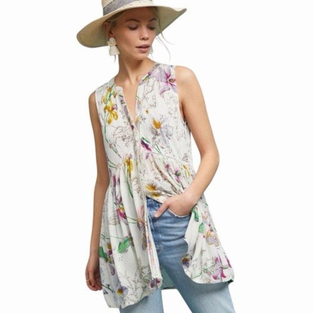 Anthropologie Nia Floral Button-Down‎ High-Low Tunic Top Sleeveless Lace Trim M